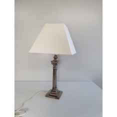 lampe colonne fer v pierre + abat-jour strié rouge et blanc