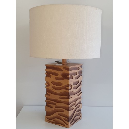lampe MARCO POLO, pied bois rectangulaire,avec motifs incrustés "zèbre" H.73 cm - abat-jour rond blanc