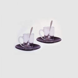 SET de 2 tasses en verre transparente, sous-tasses noir en verre et cuillères, Aulica