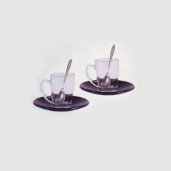 SET de 2 tasses en verre transparente, sous-tasses noir en verre et cuillères, Aulica